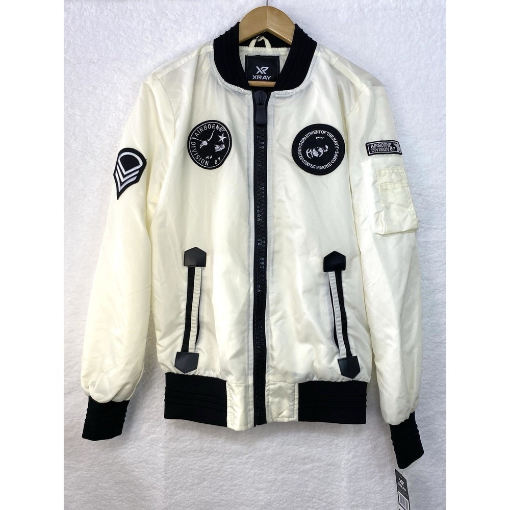 XRAY Jeans Mens Bomber Jacket White Black Military Patches Flight Jacket Small